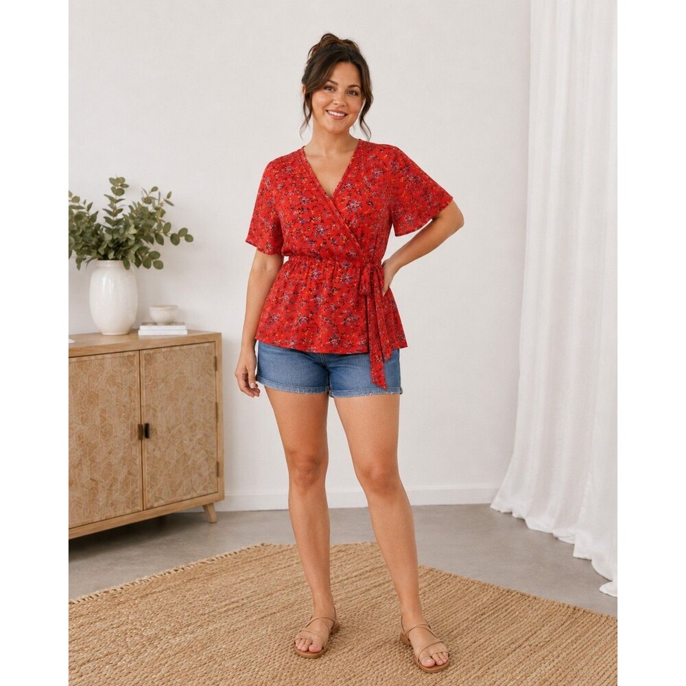 Sienna Sky Women L Red Floral Wrap Peplum Blouse Bell Sleeve Boho Romantic Cute